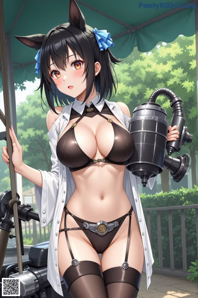 A woman in lingerie holding a vacuum cleaner.