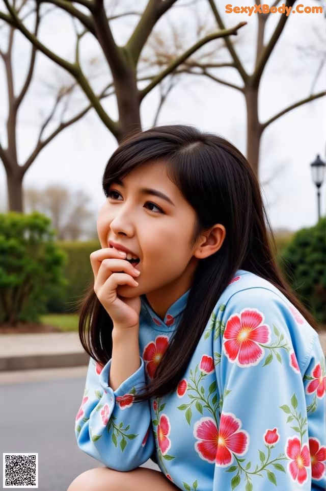 A woman sitting on the ground with her hand on her chin.