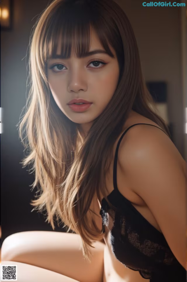 A woman in a black lingerie sitting on a bed.