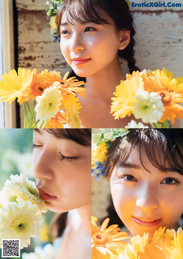 A collage of photos of a woman with flowers in her hair.