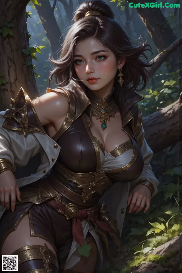 A woman sitting on a tree branch in the woods.