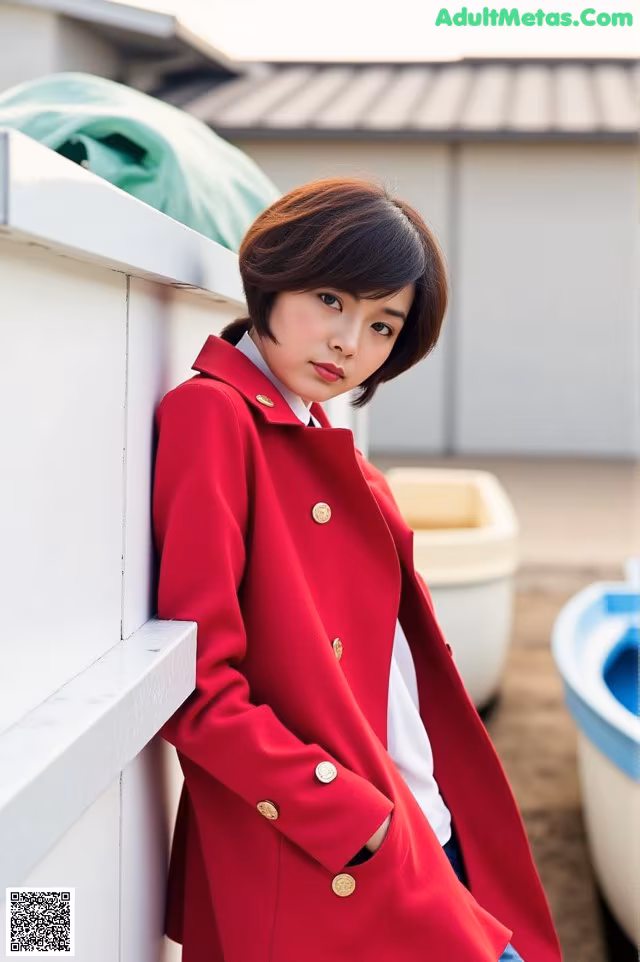 A woman in a red coat leaning against a wall.