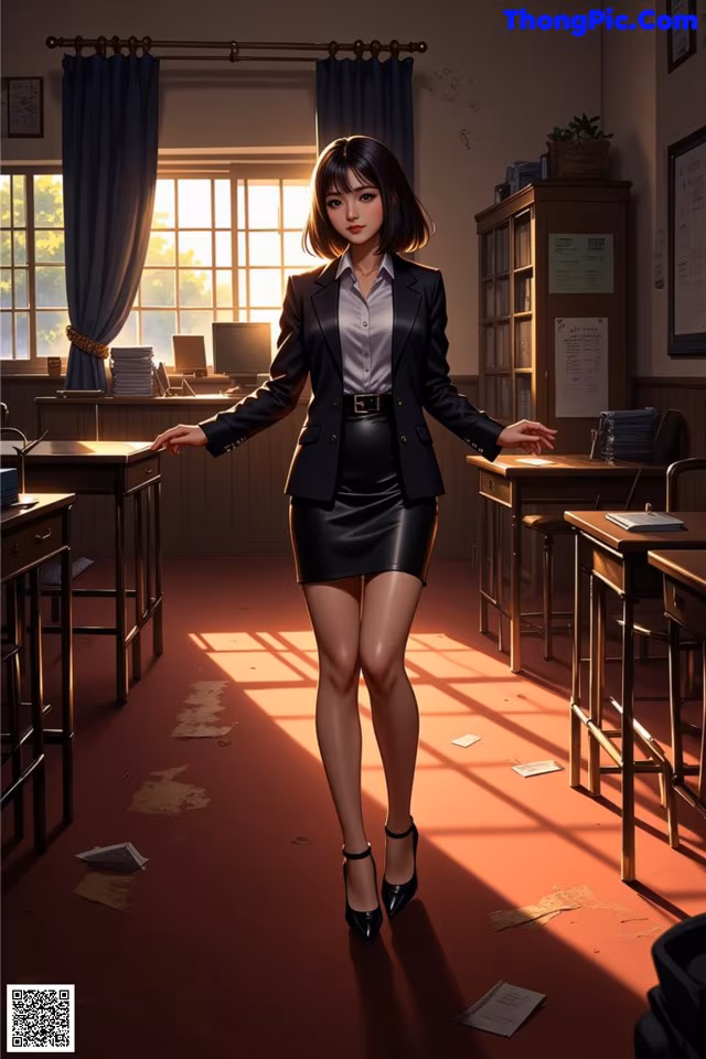 A woman in a business suit standing in an office.