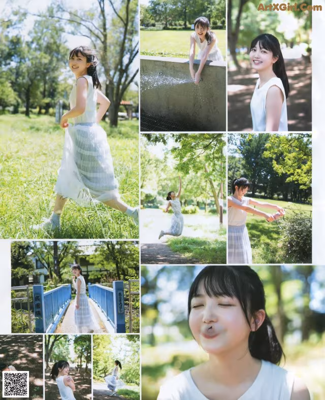 A collage of photos of a young woman in a white dress.
