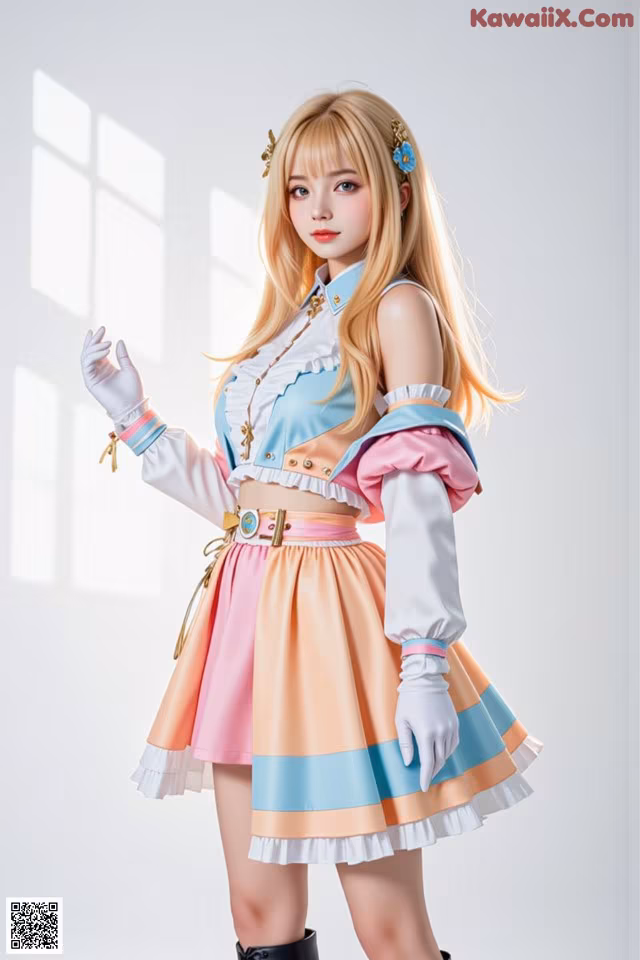 A woman in a pink and blue dress and white gloves.