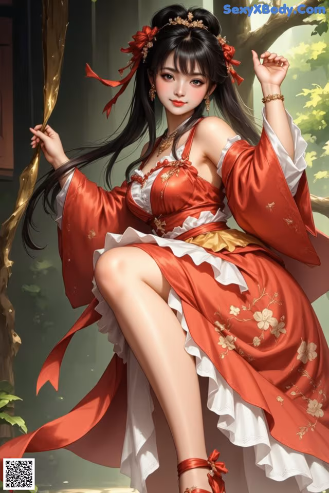 A woman in a red and white dress sitting on a tree branch.