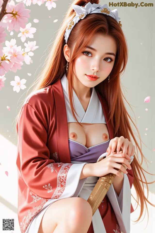 A woman in traditional attire holds a staff, surrounded by cherry blossoms.