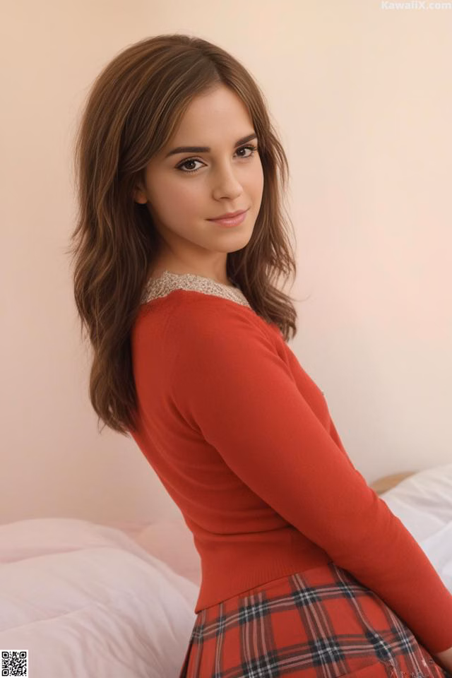 A woman in a red sweater and plaid skirt posing on a bed.