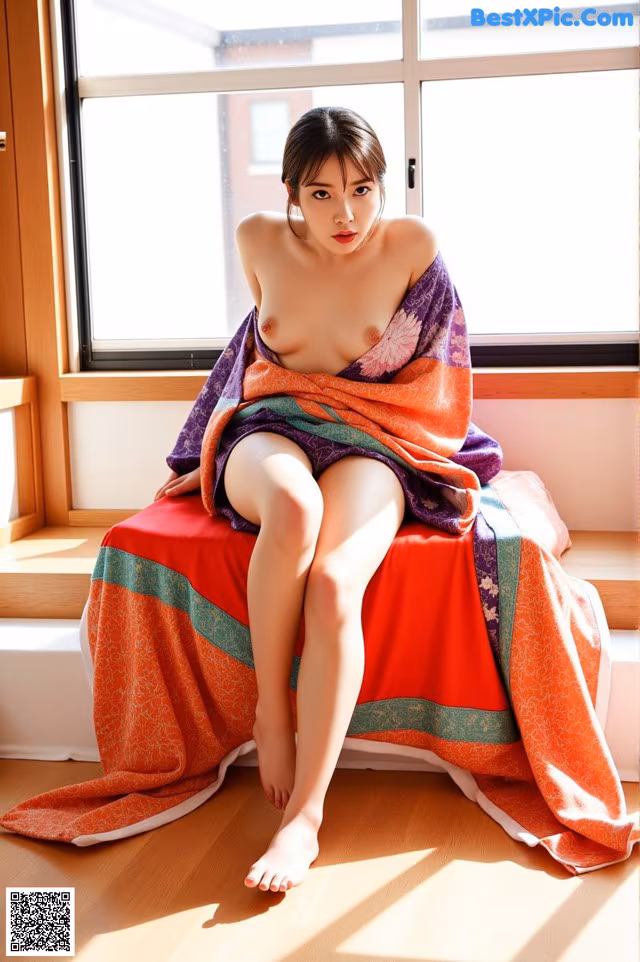 A woman in a kimono sitting on a window sill.