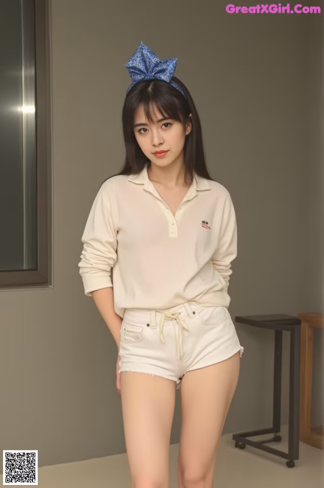 a woman wearing white shorts and a white shirt