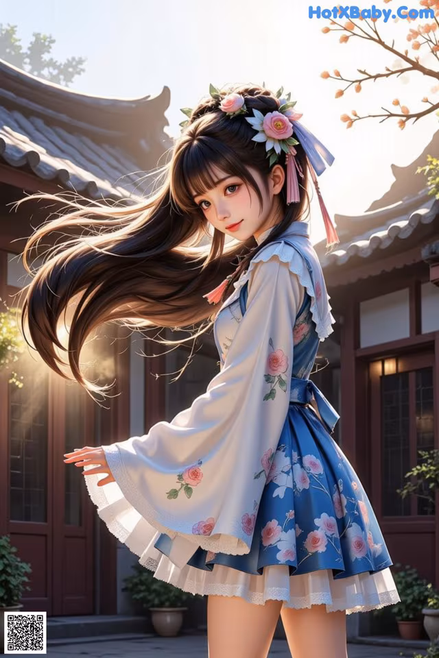 A woman in a blue and white dress with flowers in her hair.