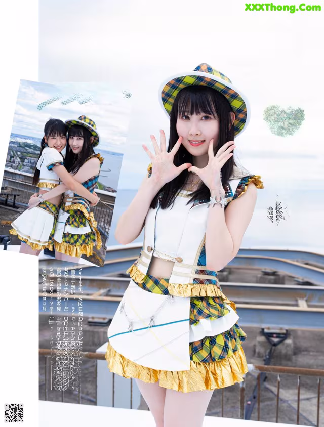 A woman in a yellow and white dress and hat posing for a magazine.
