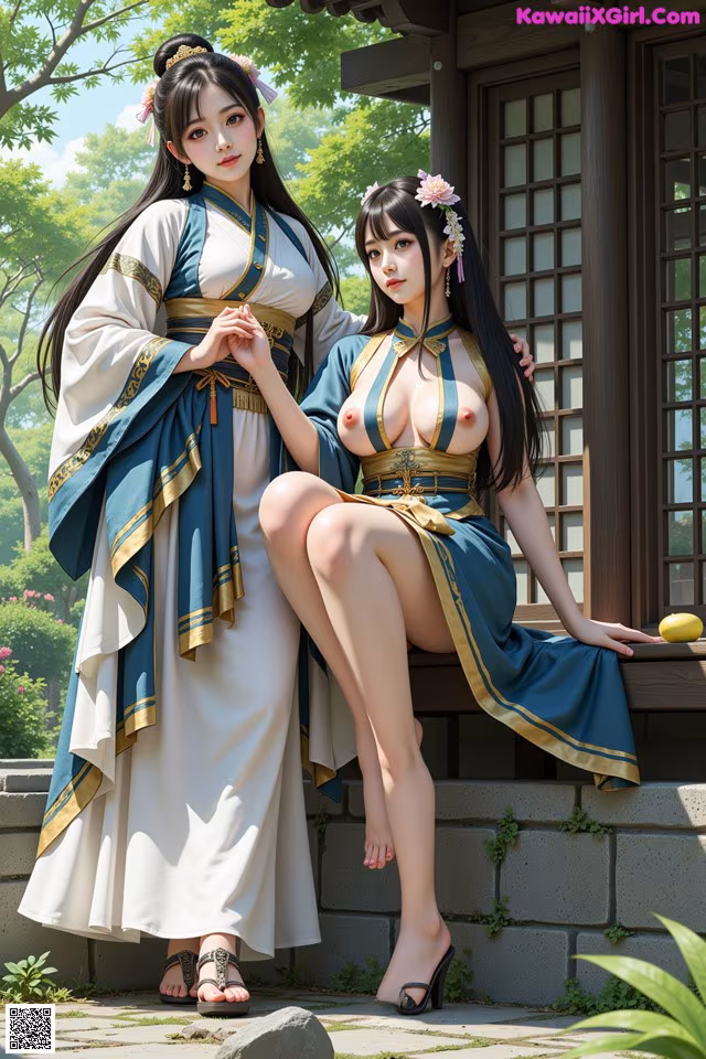 A couple of women dressed in traditional chinese clothing posing for a picture.