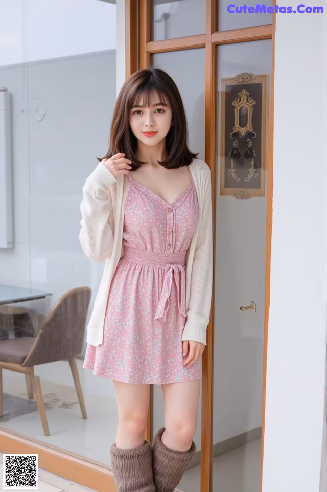 a woman standing in front of a window wearing a pink dress