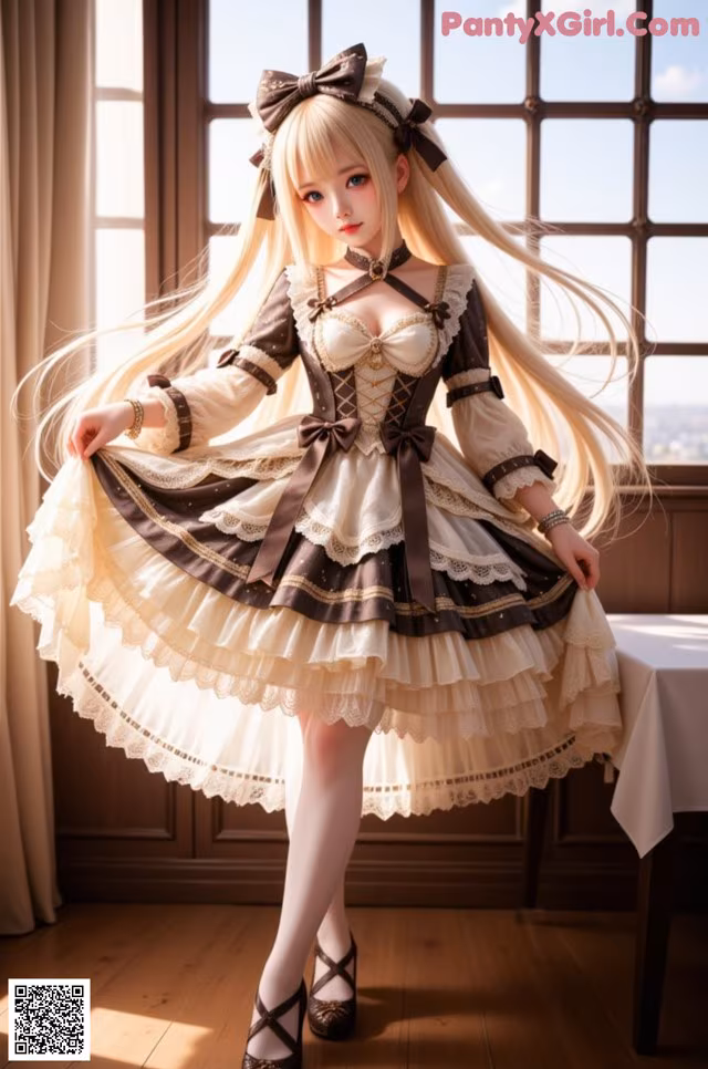 A woman with long blonde hair wearing a brown and white dress.
