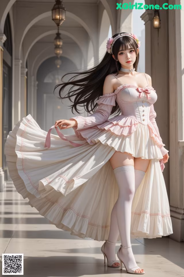 A woman in a pink and white dress is posing for a picture.