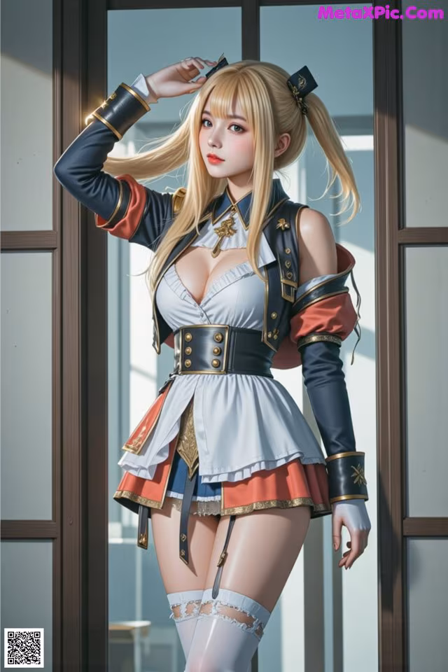 A woman in a maid outfit posing in front of a window.