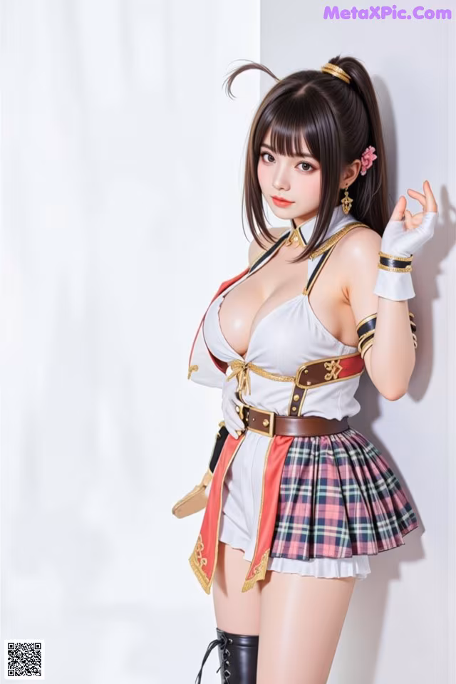 A woman in a plaid skirt and white top posing for a picture.